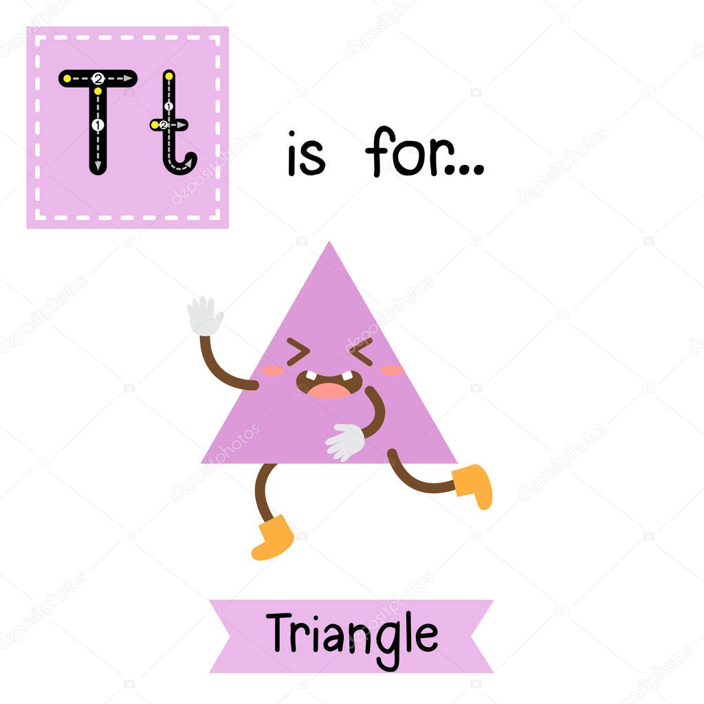 Letter T cute children colorful geometric shapes alphabet tracing flashcard of Triangle for kids learning English vocabulary.