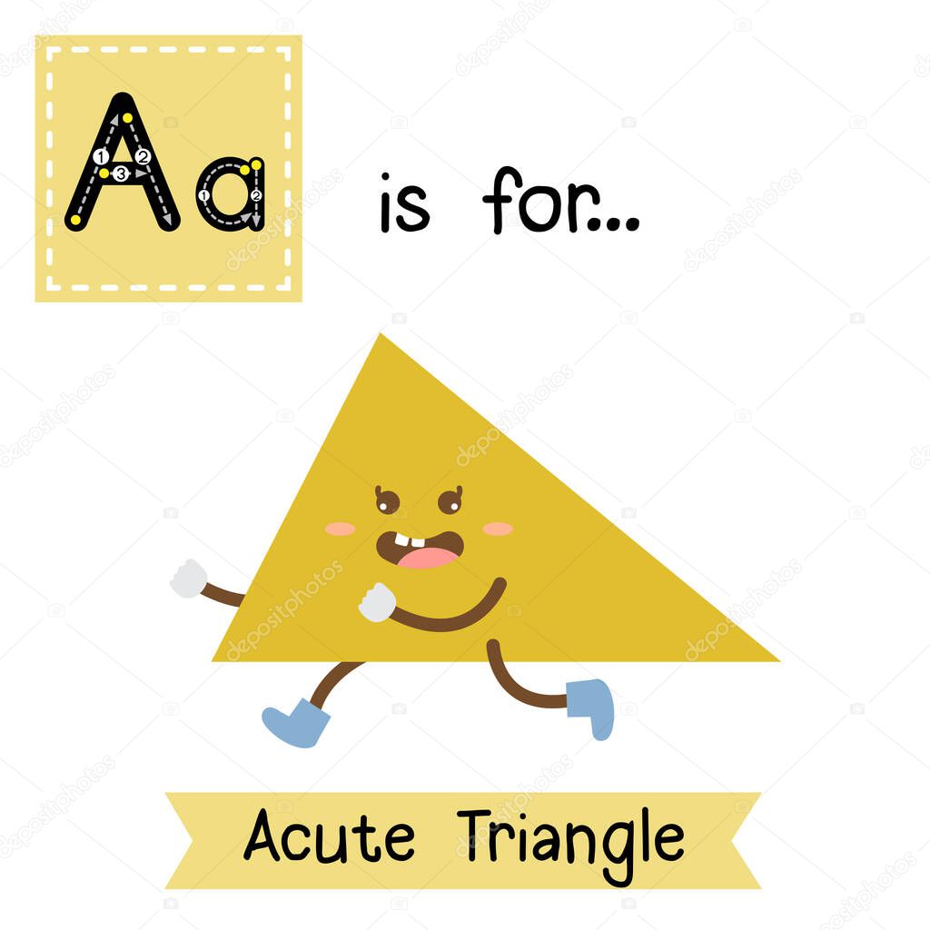 Letter A cute children colorful geometric shapes alphabet tracing flashcard of Acute Triangle for kids learning English vocabulary.