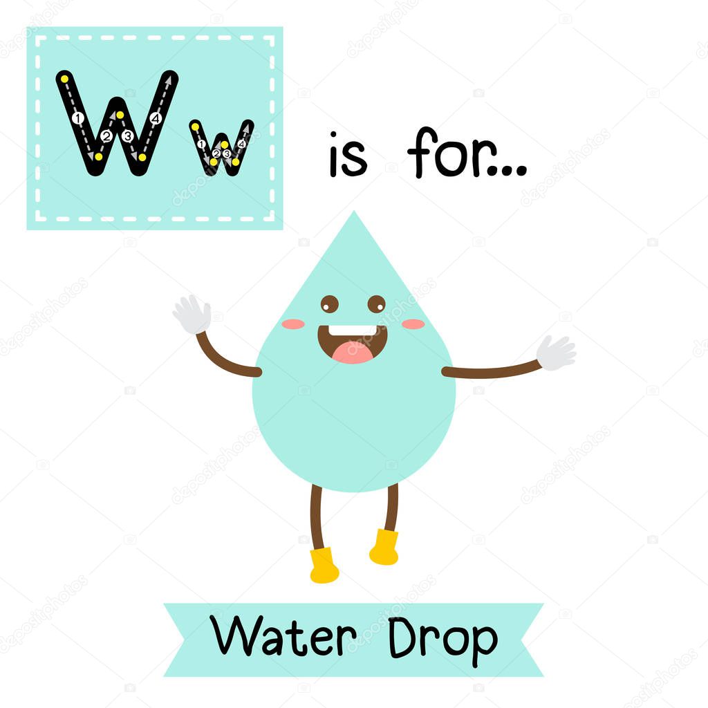 Letter W cute children colorful geometric shapes alphabet flashcard of Water Drop for kids learning English vocabulary.
