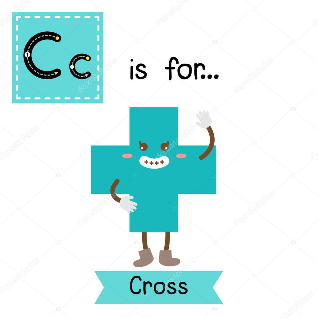 Letter C cute children colorful geometric shapes alphabet tracing flashcard of Cross for kids learning English vocabulary.