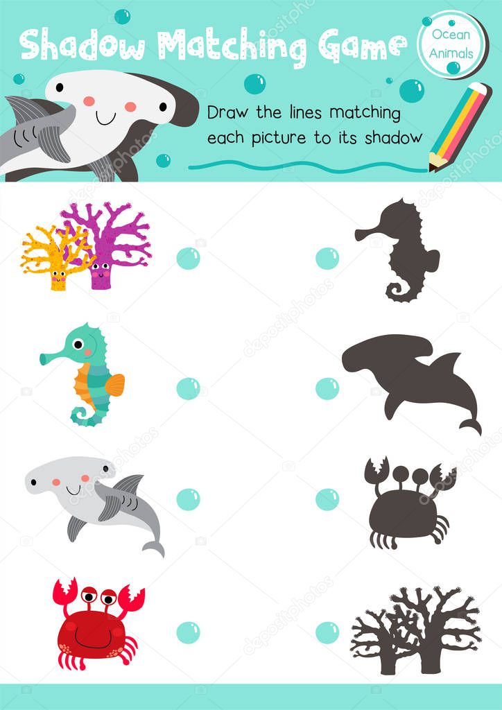 Shadow matching game of ocean animals for preschool kids activity worksheet layout in A4 colorful printable version. Vector Illustration.