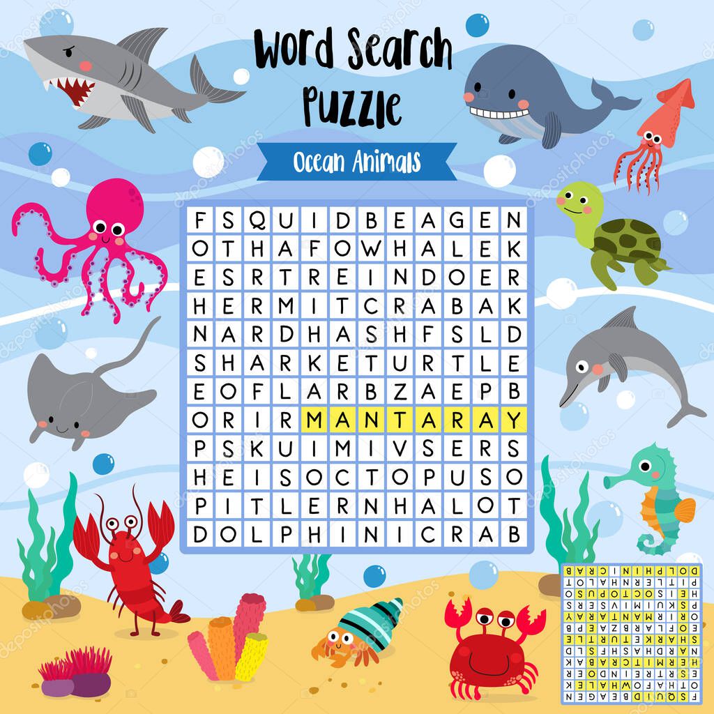 Words search puzzle game of ocean animals for preschool kids activity worksheet layout in A4 colorful printable version. Vector Illustration.