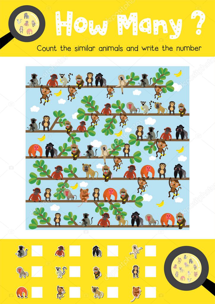 Counting game of cute monkeys and primates animals for preschool kids activity worksheet layout in A4 colorful printable version. Vector Illustration.