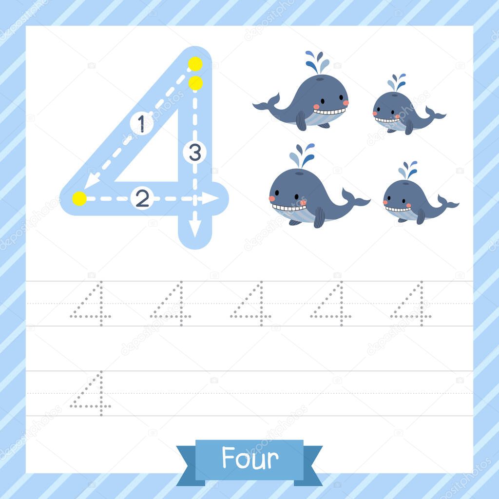 Number four tracing practice worksheet with 4 whales for kids learning to count and to write. Vector Illustration.