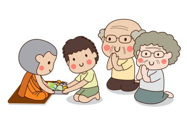 Oğlan ve yaşlı çift beyaz geçmişi olan Budist keşişe yemek ikram ediyor..