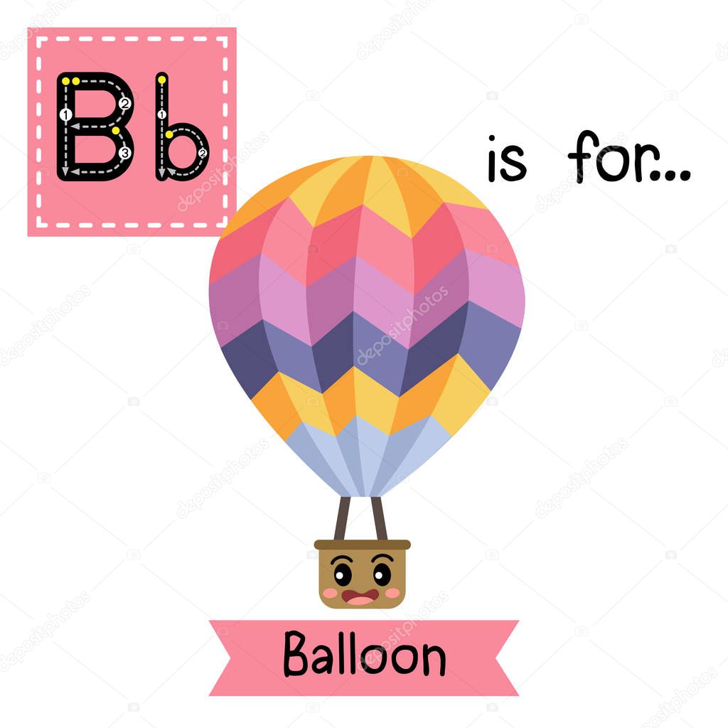 Letter B cute children colorful transportations alphabet tracing flashcard of Balloon for kids learning English vocabulary.