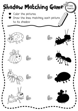 Shadow matching game of insect bug animals for preschool kids activity worksheet layout in A4 coloring printable version. Vector Illustration. clipart