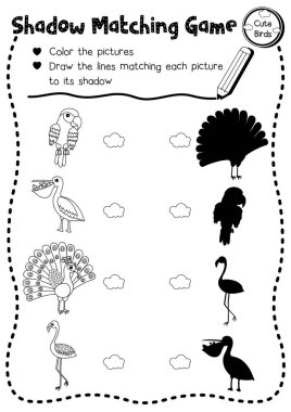 Okul öncesi çocuklar için A4 boyalı basılabilir versiyon çalışma çizelgesi için sevimli kuş hayvanların gölge eşleştirme oyunu. Vektör İllüstrasyonu.