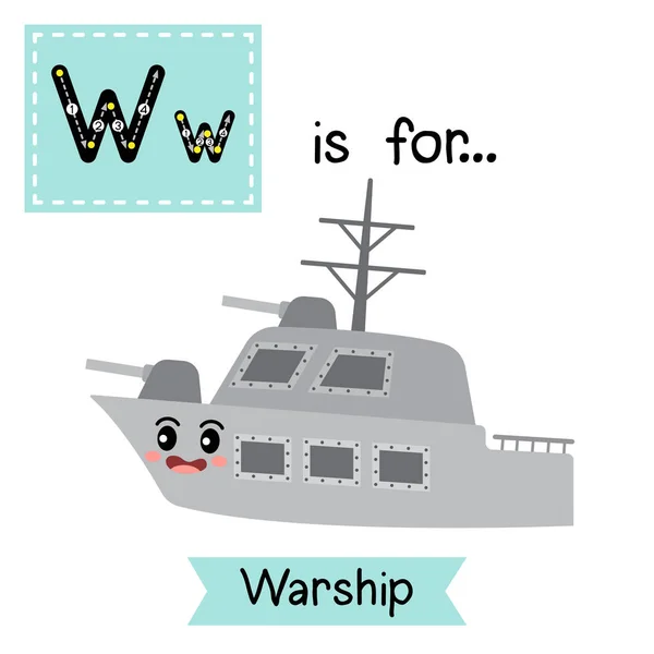 Letter Cute Children Colorful Transportations Abeceda Tracing Flashcard Warship Kids — Stockový vektor