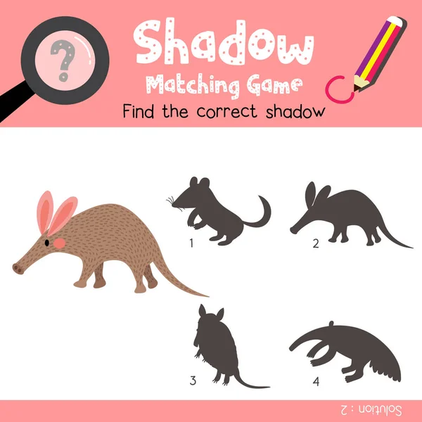 Shadow Megfelelő Játék Aardvark Állatok Óvodáskorú Gyerekek Tevékenység Munkalap Színes — Stock Vector