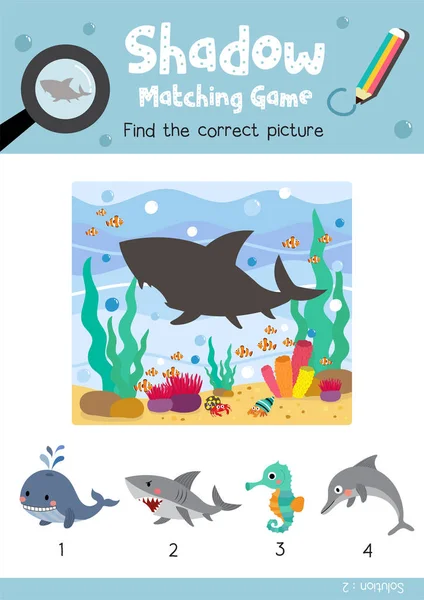 Gioco Abbinamento Ombra Trovando Immagine Corretta Angry Shark Animali Bambini — Vettoriale Stock