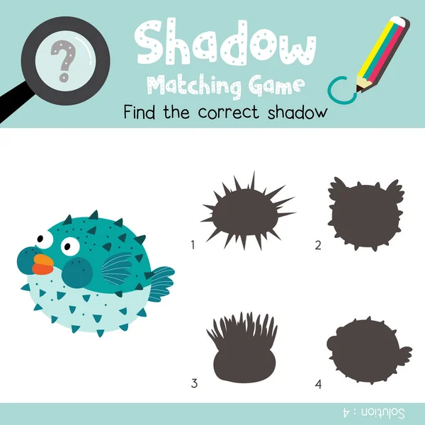 Shadow Megfelelő Játék Blowfish Állatok Óvodáskorú Gyerekek Tevékenység Munkalap Színes — Stock Vector