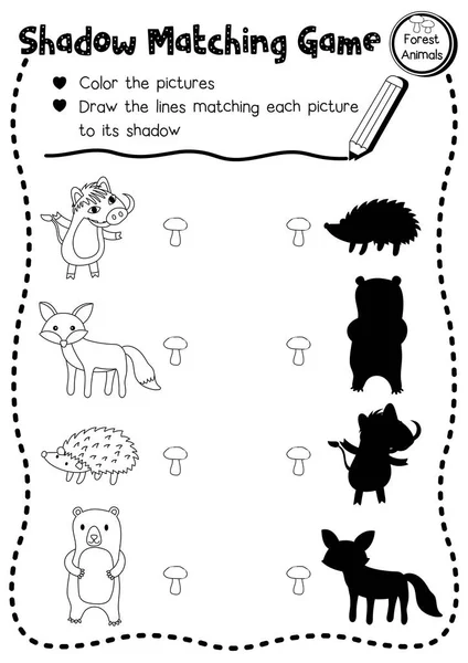 Shadow Matching Game Forest Animals Preschool Kids Activity Worksheet Layout — Vettoriale Stock