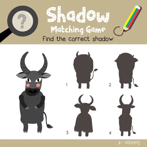 Shadow Matching Game Standing Buffalo Animals Preschool Kids Activity Worksheet — Vettoriale Stock