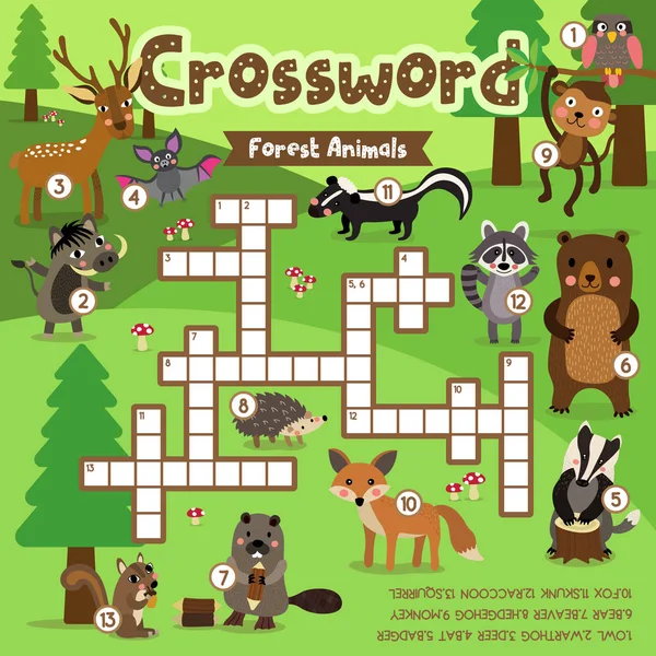 森林动物填字游戏为学龄前儿童活动工作表彩色可打印版本 病媒图解 — 图库矢量图片