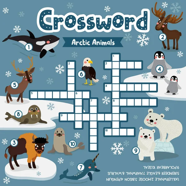 Crosswords Puzzle Game Arctic Animals Preschool Kids Activity Worksheet Colorful — Vettoriale Stock
