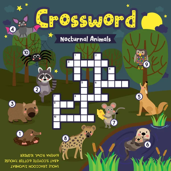 就学前の子供のための夜行性動物のクロスワードパズルゲームアクティビティワークシートカラフルな印刷可能なバージョン ベクターイラスト — ストックベクタ