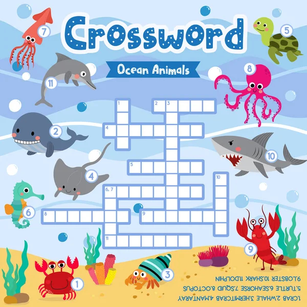 Crosswords Puzzle Game Ocean Animals Preschool Kids Activity Worksheet Colorful — Vettoriale Stock