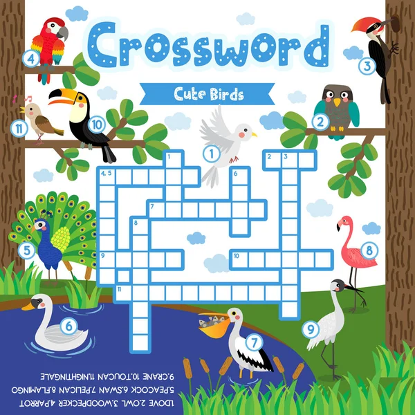 Crosswords Puzzle Game Cute Birds Animals Preschool Kids Activity Worksheet — Vettoriale Stock