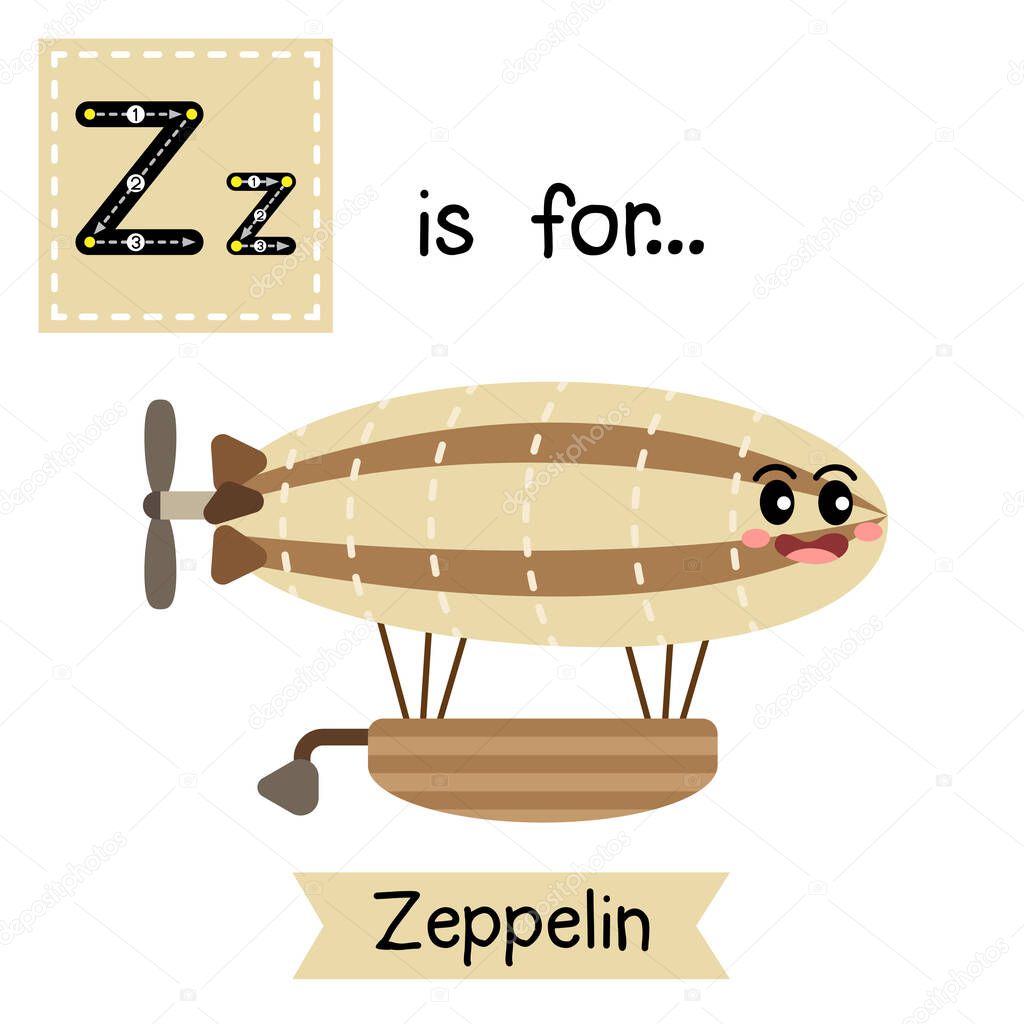 Letter Z cute children colorful transportations alphabet tracing flashcard of Zeppelin for kids learning English vocabulary Vector Illustration.
