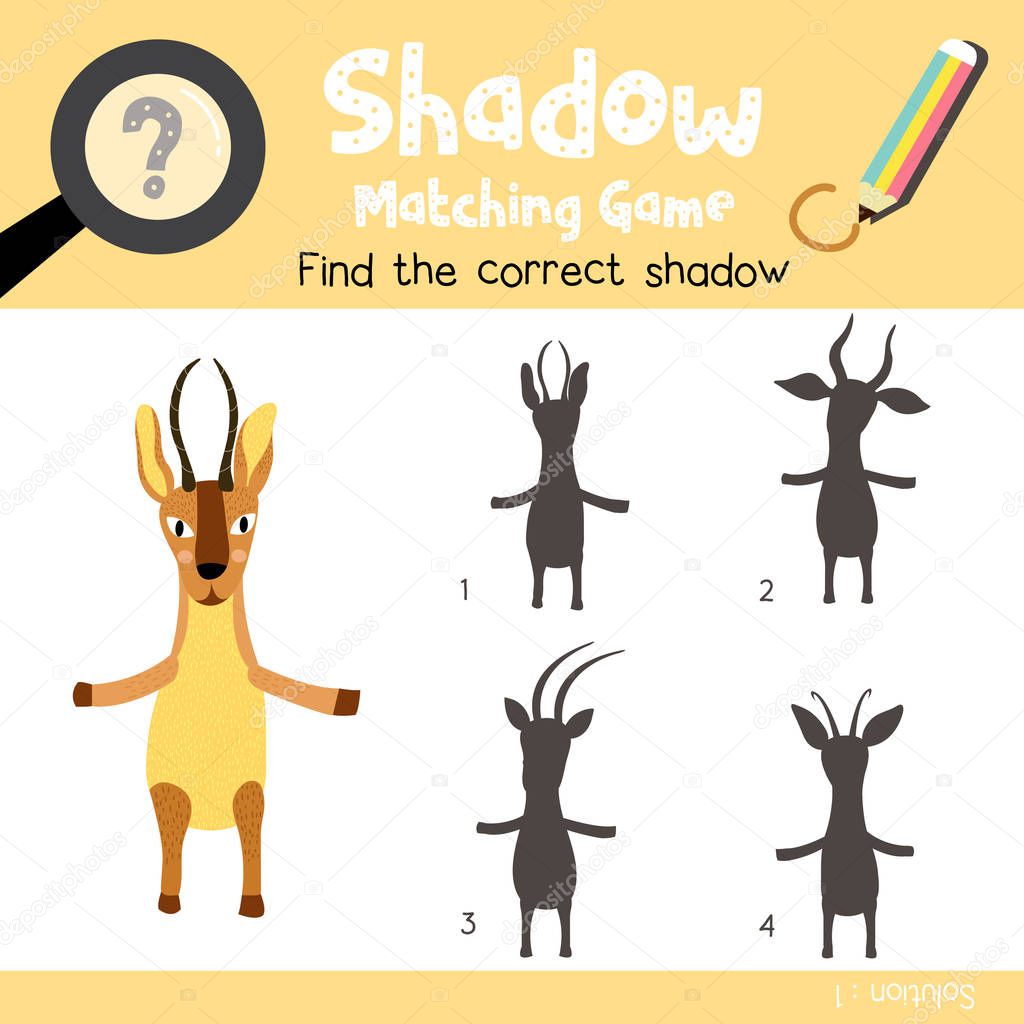 Shadow matching game of African animal antelope standing on two legs animals for preschool kids activity worksheet colorful version. Vector Illustration.