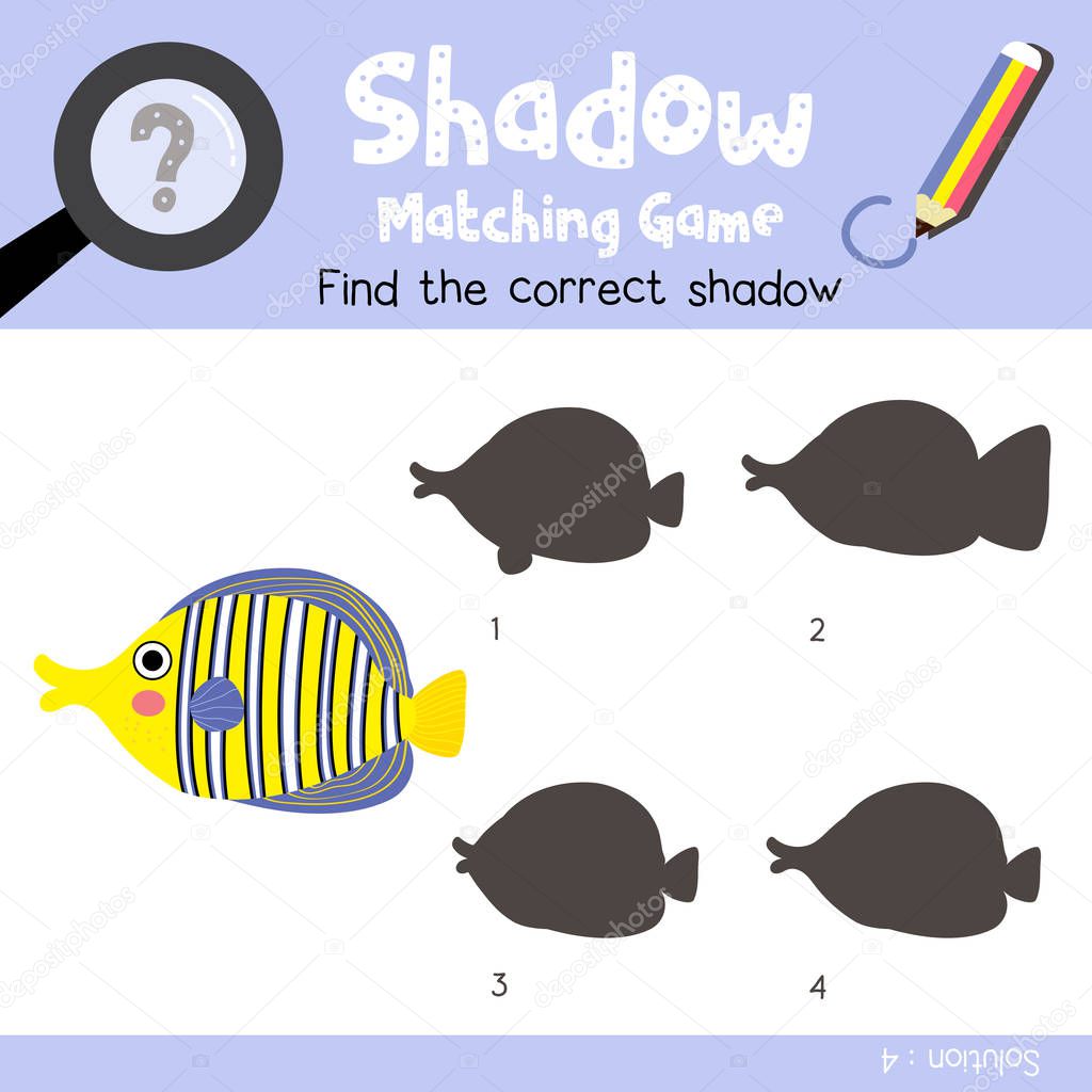 Shadow matching game of Angelfish animals for preschool kids activity worksheet colorful version. Vector Illustration.