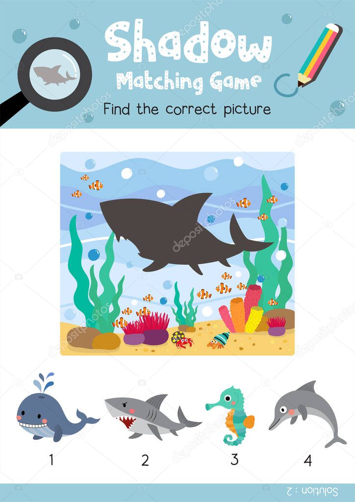 Shadow matching game by finding the correct picture of Angry Shark animals for preschool kids activity worksheet colorful printable version layout in A4 vector illustration
