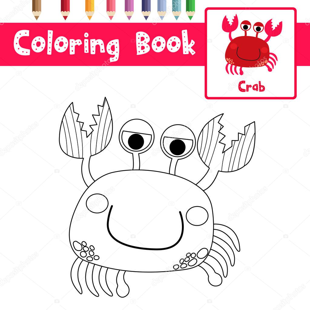 Coloring page of Red Crab animals for preschool kids activity educational worksheet. Vector Illustration.