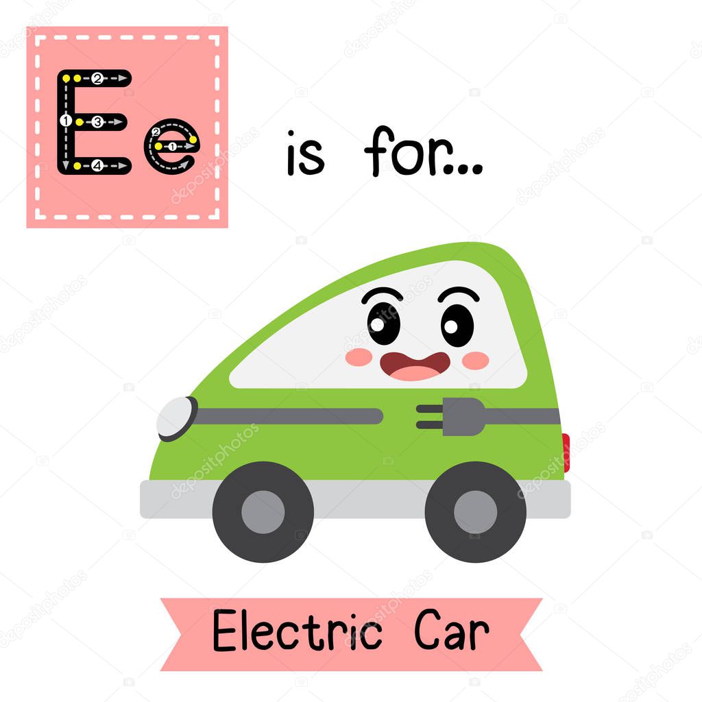 Letter E cute children colorful transportations alphabet tracing flashcard of Electric Car for kids learning English vocabulary Vector Illustration.