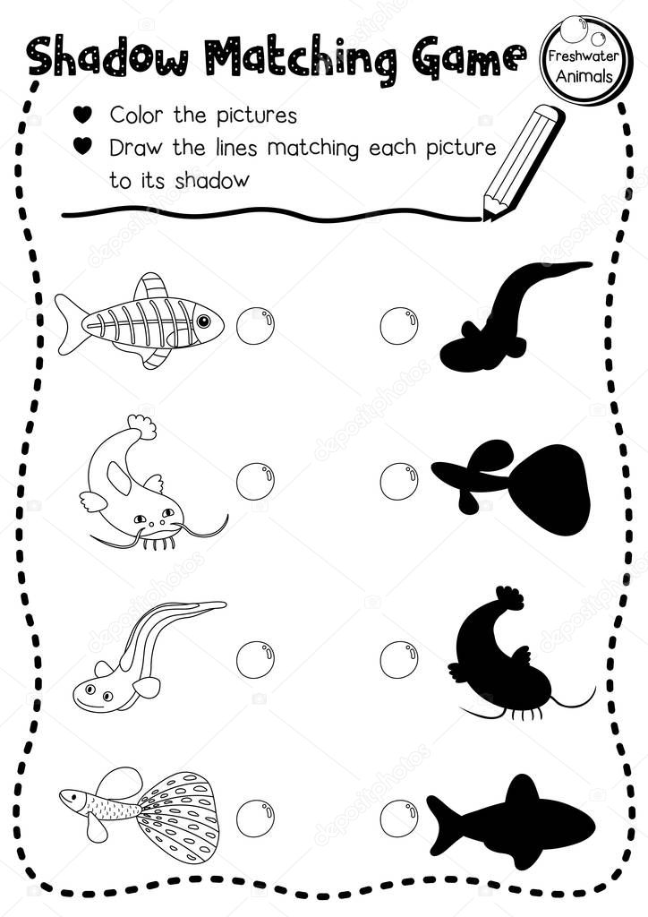 Shadow matching game of freshwater animals for preschool kids activity worksheet layout in A4 coloring printable version. Vector Illustration.