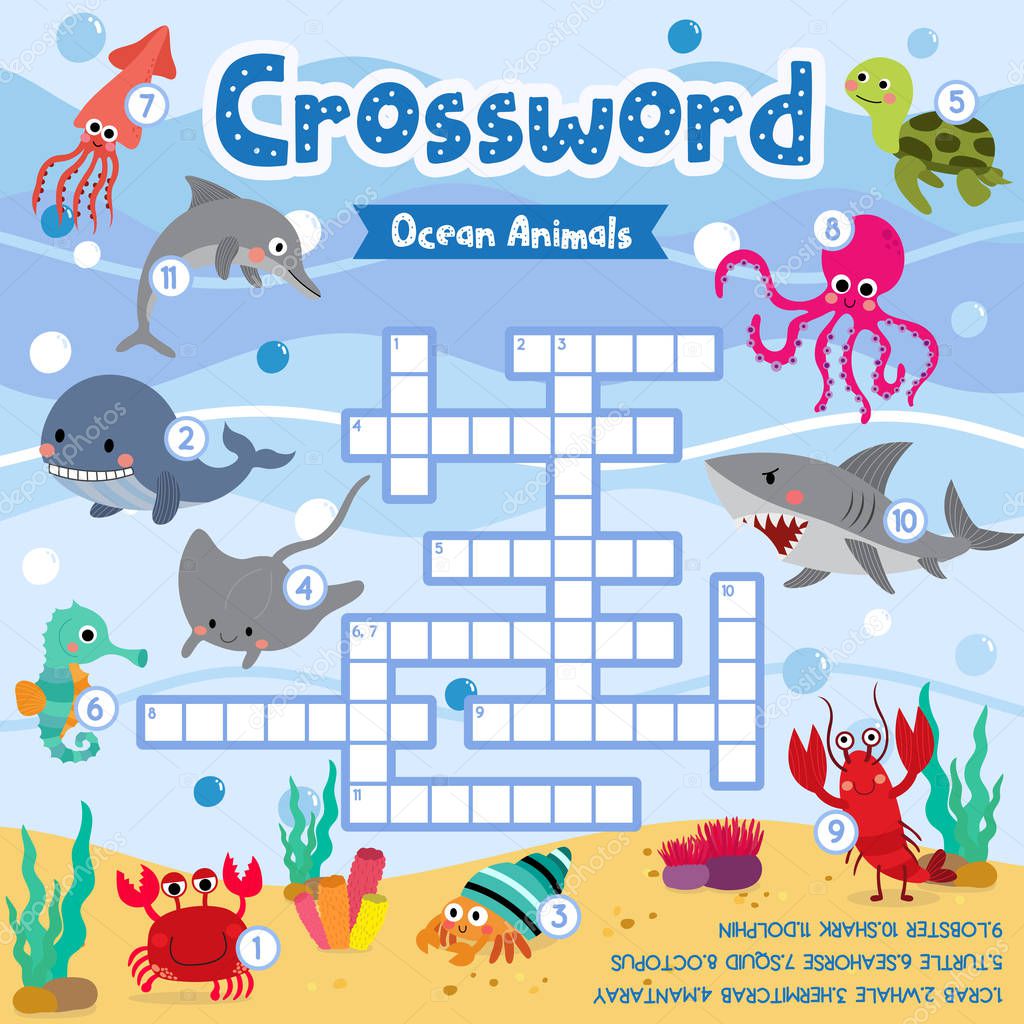 Crosswords puzzle game of ocean animals for preschool kids activity worksheet colorful printable version. Vector Illustration.