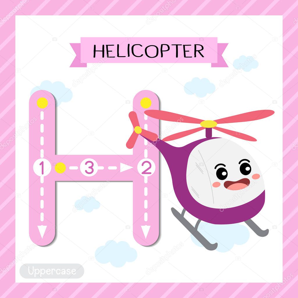 Letter H uppercase cute children colorful transportations ABC alphabet tracing flashcard of Helicopter for kids learning English vocabulary and handwriting Vector Illustration.