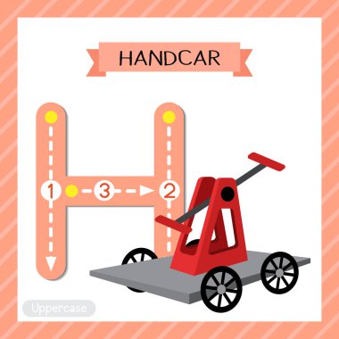 H büyük harfi şirin çocuklar renkli taşımacılık ABC alfabesi İngilizce kelime bilgisi ve el yazısı vektörü illüstrasyonunu öğrenen çocuklar için Handcar 'ın flaş kartını takip ediyor.