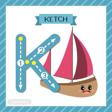 Letter K uppercase cute children colorful transportations ABC alphabet tracing flashcard of Ketch for kids learning English vocabulary and handwriting Vector Illustration. clipart
