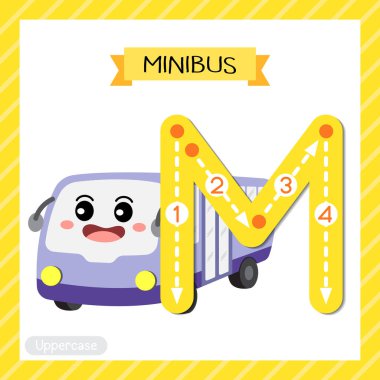 Letter M uppercase cute children colorful transportations ABC alphabet tracing flashcard of Minibus for kids learning English vocabulary and handwriting Vector Illustration. clipart