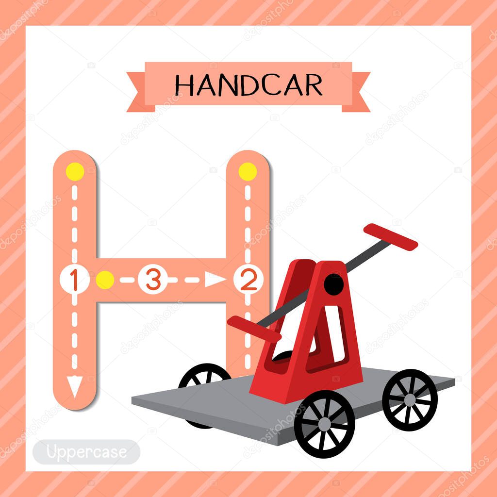 Letter H uppercase cute children colorful transportations ABC alphabet tracing flashcard of Handcar for kids learning English vocabulary and handwriting Vector Illustration.