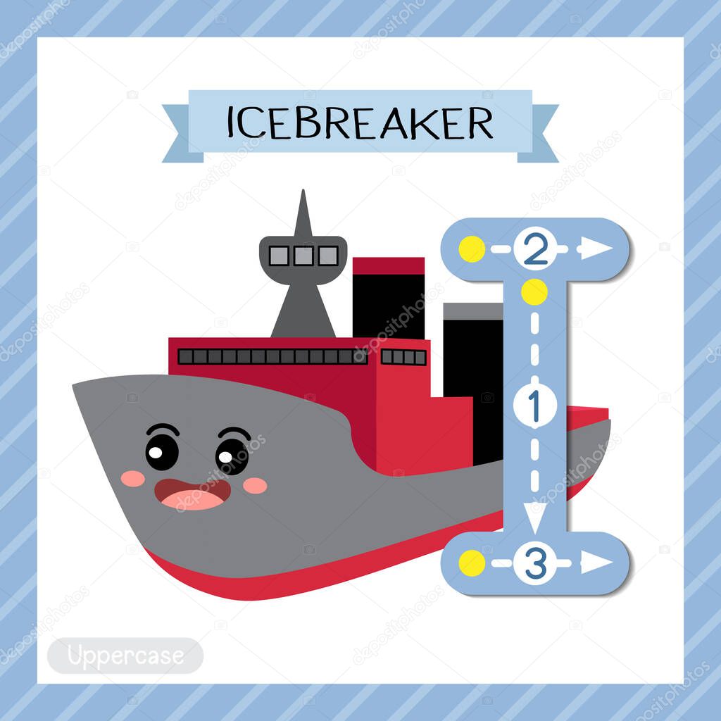 Letter I uppercase cute children colorful transportations ABC alphabet tracing flashcard of Icebreaker for kids learning English vocabulary and handwriting Vector Illustration.