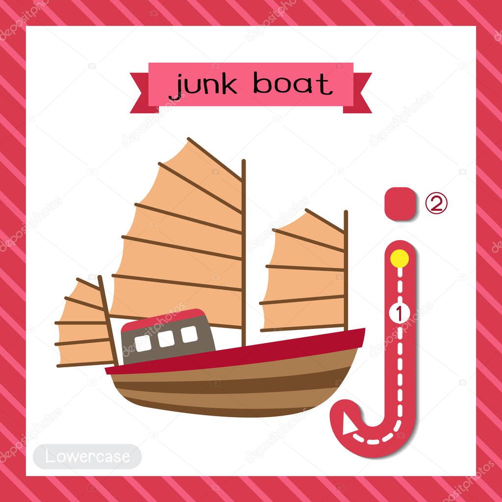Letter J lowercase cute children colorful transportations ABC alphabet tracing flashcard of Junk Boat for kids learning English vocabulary and handwriting Vector Illustration.