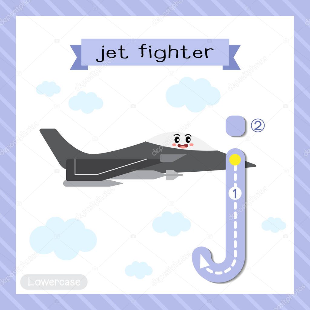 Letter J lowercase cute children colorful transportations ABC alphabet tracing flashcard of Jet Fighter for kids learning English vocabulary and handwriting Vector Illustration.