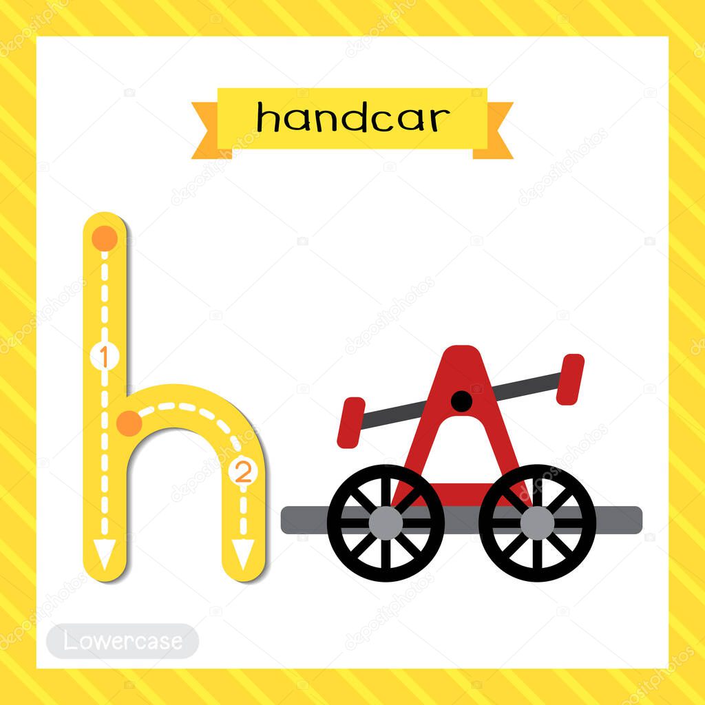 Letter H lowercase cute children colorful transportations ABC alphabet tracing flashcard of Handcar for kids learning English vocabulary and handwriting Vector Illustration.