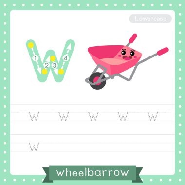 W harfi küçük çocuklar için renkli taşımacılık ABC alfabe takip alıştırmaları İngilizce kelime bilgisi ve el yazısı Vektör İllüstrasyonu öğrenen çocuklar için el arabası çalışma tablosu.
