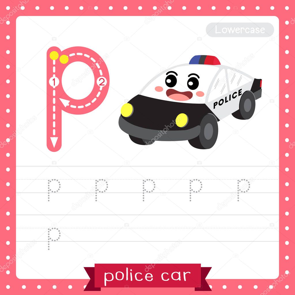 Letter P lowercase cute children colorful transportations ABC alphabet tracing practice worksheet of Police Car for kids learning English vocabulary and handwriting Vector Illustration.