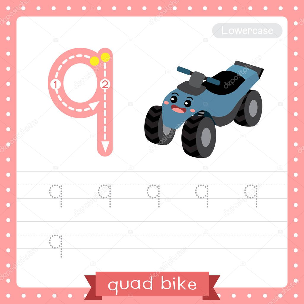 Letter Q lowercase cute children colorful transportations ABC alphabet tracing practice worksheet of Quad Bike for kids learning English vocabulary and handwriting Vector Illustration.