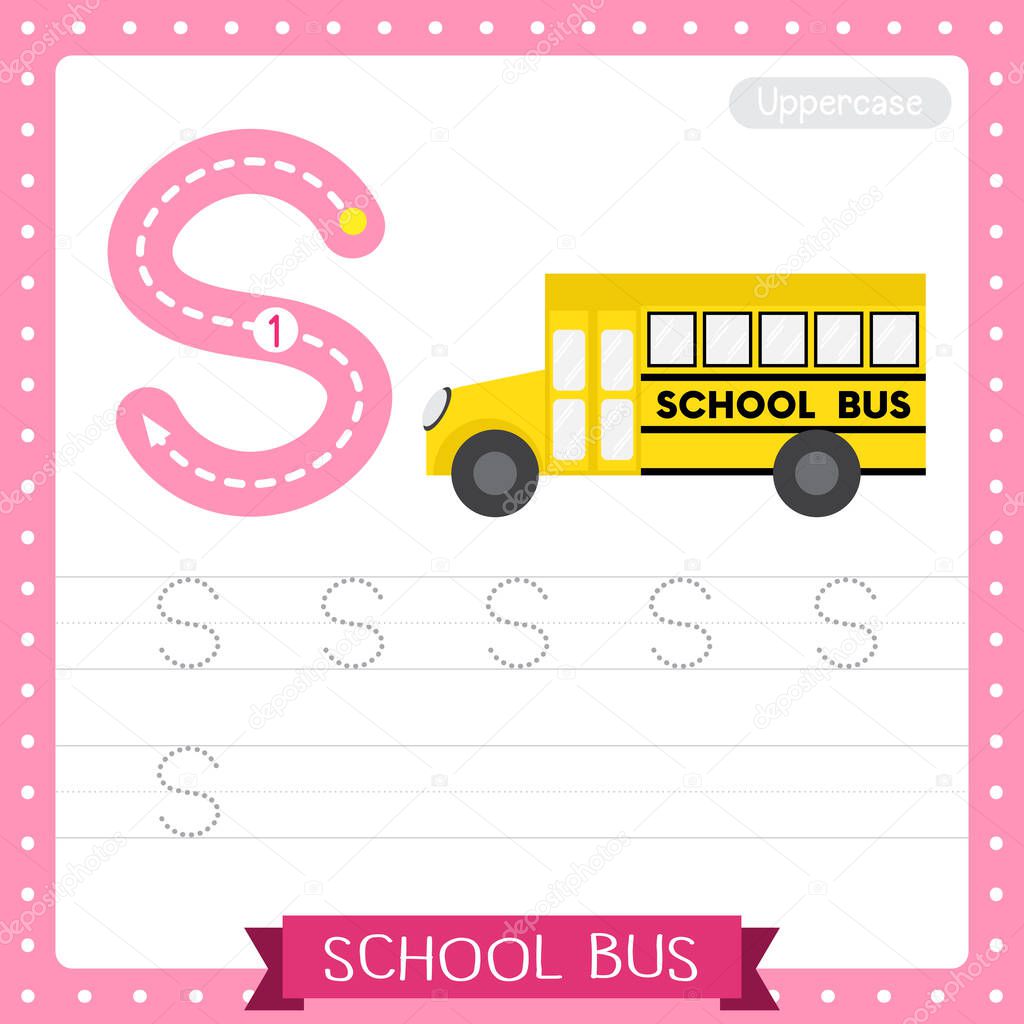 Letter S uppercase cute children colorful transportations ABC alphabet tracing practice worksheet of School Bus for kids learning English vocabulary and handwriting Vector Illustration.