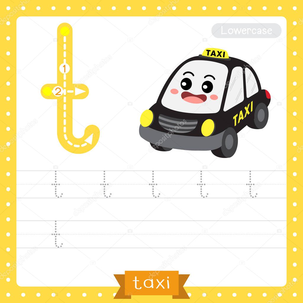 Letter T lowercase cute children colorful transportations ABC alphabet tracing practice worksheet of Taxi for kids learning English vocabulary and handwriting Vector Illustration.