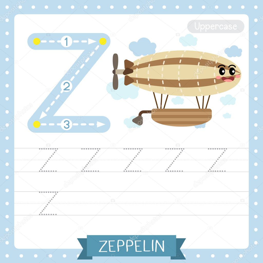 Letter Z uppercase cute children colorful transportations ABC alphabet tracing practice worksheet of Zeppelin for kids learning English vocabulary and handwriting Vector Illustration.