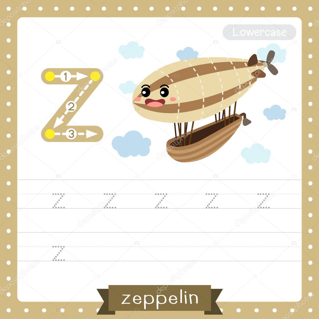 Letter Z lowercase cute children colorful transportations ABC alphabet tracing practice worksheet of Zeppelin for kids learning English vocabulary and handwriting Vector Illustration.