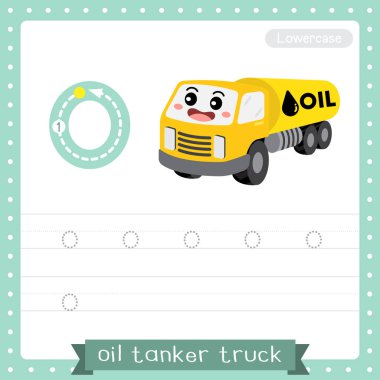 O harfi küçük çocuklar için renkli taşımacılık ABC alfabe takip uygulaması çocuklar için Oil Tanker Truck İngilizce kelime bilgisi ve el yazısı Vektör Illustration.