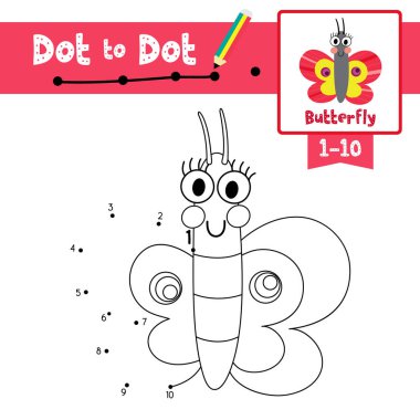 Noktadan noktaya eğitici oyun ve Kelebek Hayvanlarının Boyama Kitabı anaokulu çocukları için çizgi film karakteri 1-10 'u saymayı ve el yazısı alıştırmalarını öğrenmekle ilgili. Vektör İllüstrasyonu.