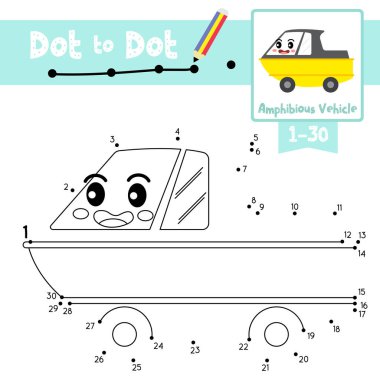 Dot to dot educational game and Coloring book of cute Amphibious Vehicle cartoon character side view transportations for preschool kids activity about learning counting number 1-30 and handwriting practice worksheet. Vector Illustration. clipart